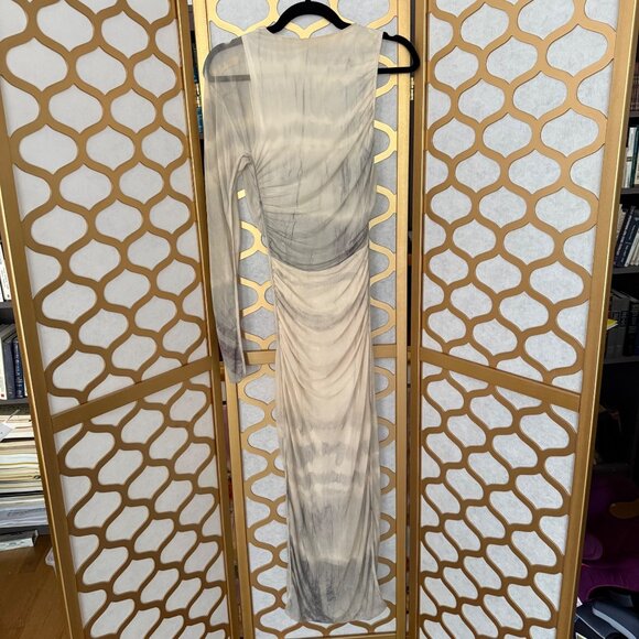 Zara Size M Beige & Gray Tie Dye Printed Tulle Ruched One Shoulder Maxi Dress - Picture 3 of 16